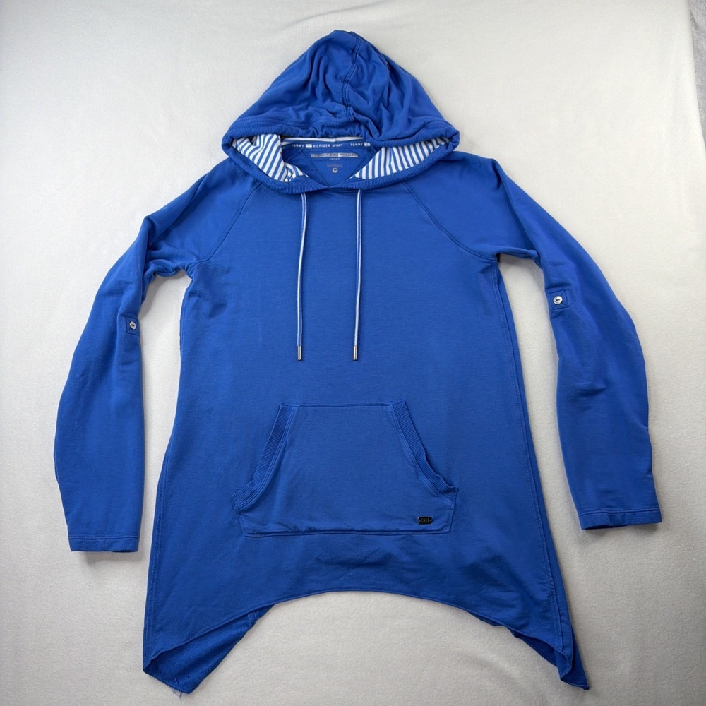 Tommy Hilfiger Sport Womens M Blue Hooded Tunic Sweatshirt Hi Low Hem